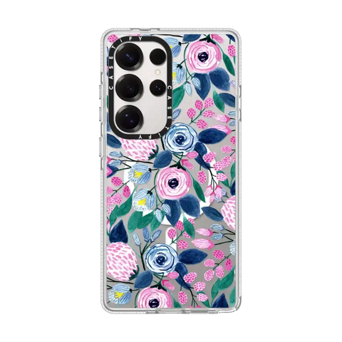 Girly Pink Navy Blue Watercolor Flowers Roses Leaves Pattern