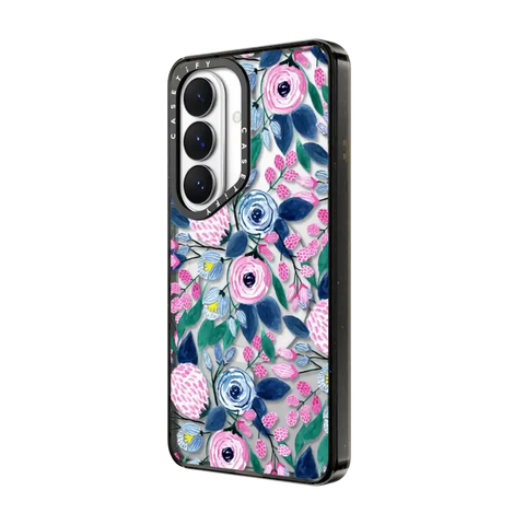 Girly Pink Navy Blue Watercolor Flowers Roses Leaves Pattern