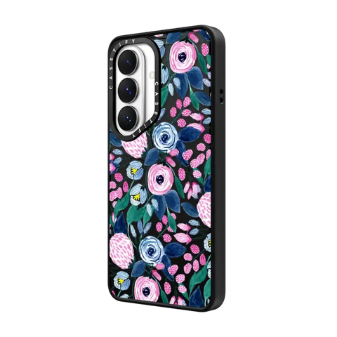Girly Pink Navy Blue Watercolor Flowers Roses Leaves Pattern