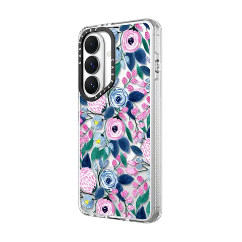 Girly Pink Navy Blue Watercolor Flowers Roses Leaves Pattern
