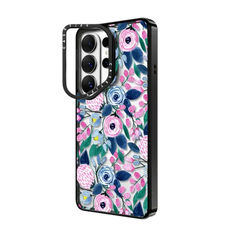 Girly Pink Navy Blue Watercolor Flowers Roses Leaves Pattern