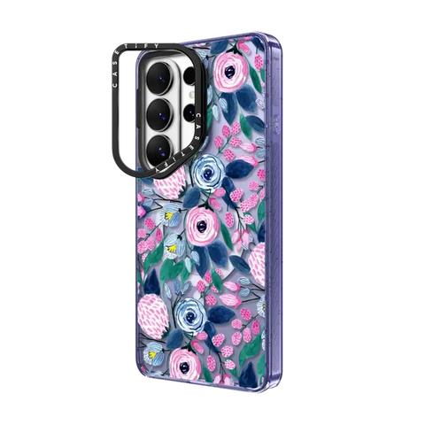 Girly Pink Navy Blue Watercolor Flowers Roses Leaves Pattern