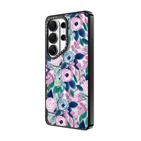 Girly Pink Navy Blue Watercolor Flowers Roses Leaves Pattern