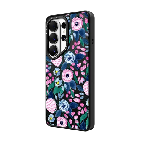 Girly Pink Navy Blue Watercolor Flowers Roses Leaves Pattern