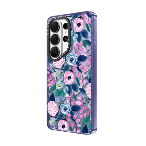 Girly Pink Navy Blue Watercolor Flowers Roses Leaves Pattern