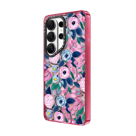 Girly Pink Navy Blue Watercolor Flowers Roses Leaves Pattern