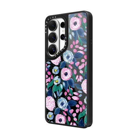 Girly Pink Navy Blue Watercolor Flowers Roses Leaves Pattern