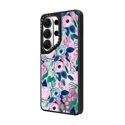Girly Pink Navy Blue Watercolor Flowers Roses Leaves Pattern