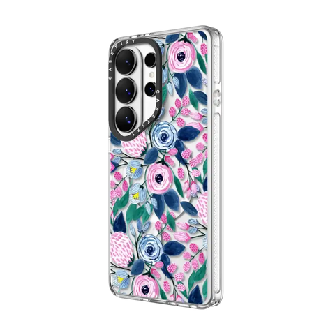 Girly Pink Navy Blue Watercolor Flowers Roses Leaves Pattern