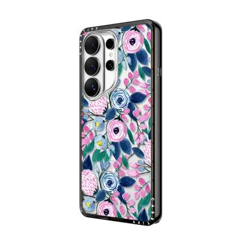 Girly Pink Navy Blue Watercolor Flowers Roses Leaves Pattern