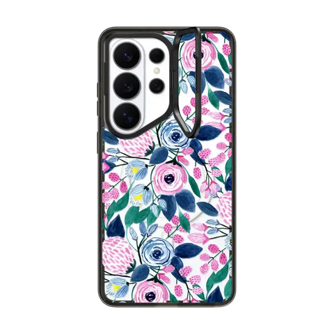 Girly Pink Navy Blue Watercolor Flowers Roses Leaves Pattern
