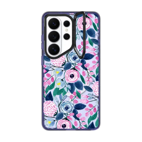 Girly Pink Navy Blue Watercolor Flowers Roses Leaves Pattern