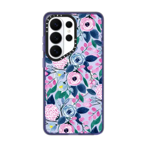 Girly Pink Navy Blue Watercolor Flowers Roses Leaves Pattern