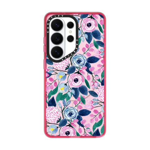Girly Pink Navy Blue Watercolor Flowers Roses Leaves Pattern