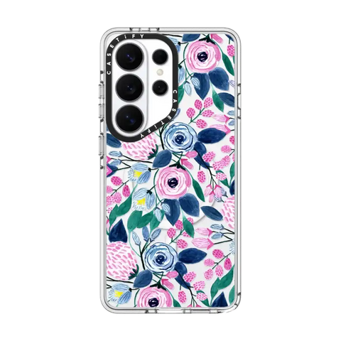 Girly Pink Navy Blue Watercolor Flowers Roses Leaves Pattern