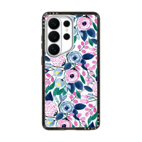 Girly Pink Navy Blue Watercolor Flowers Roses Leaves Pattern