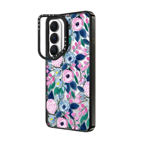 Girly Pink Navy Blue Watercolor Flowers Roses Leaves Pattern