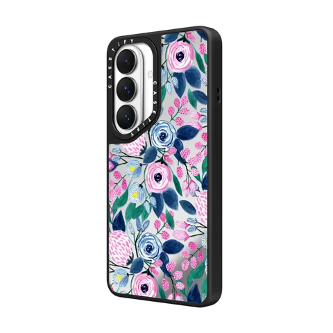 Girly Pink Navy Blue Watercolor Flowers Roses Leaves Pattern