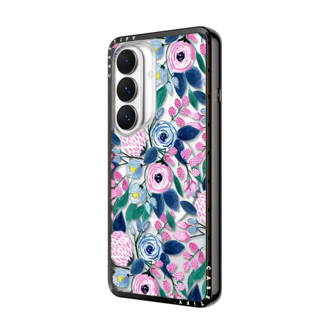 Girly Pink Navy Blue Watercolor Flowers Roses Leaves Pattern