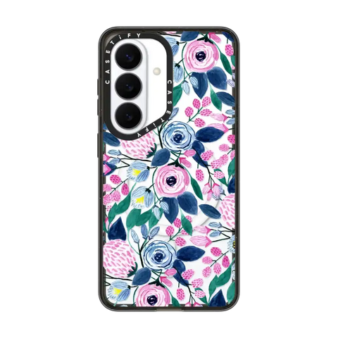 Girly Pink Navy Blue Watercolor Flowers Roses Leaves Pattern