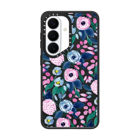 Girly Pink Navy Blue Watercolor Flowers Roses Leaves Pattern