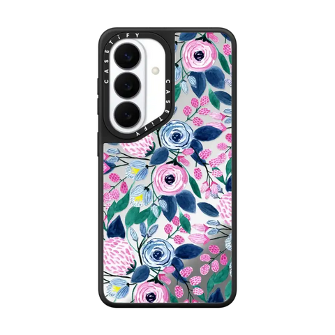 Girly Pink Navy Blue Watercolor Flowers Roses Leaves Pattern