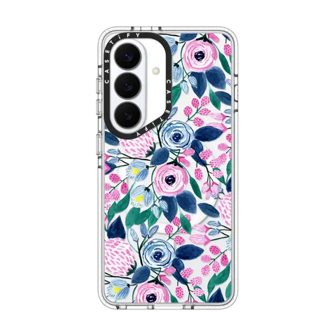 Girly Pink Navy Blue Watercolor Flowers Roses Leaves Pattern