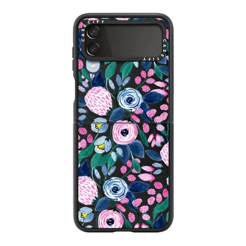 Girly Pink Navy Blue Watercolor Flowers Roses Leaves Pattern