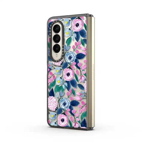 Girly Pink Navy Blue Watercolor Flowers Roses Leaves Pattern