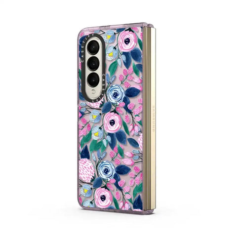 Girly Pink Navy Blue Watercolor Flowers Roses Leaves Pattern