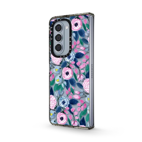 Girly Pink Navy Blue Watercolor Flowers Roses Leaves Pattern