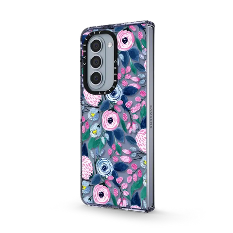 Girly Pink Navy Blue Watercolor Flowers Roses Leaves Pattern