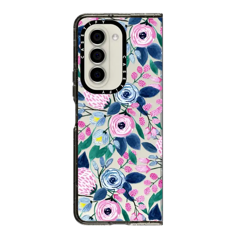Girly Pink Navy Blue Watercolor Flowers Roses Leaves Pattern