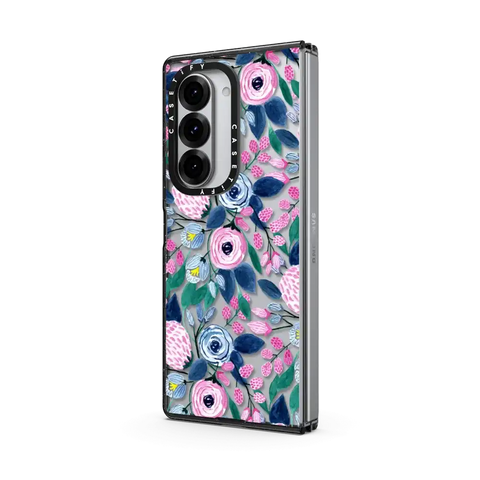 Girly Pink Navy Blue Watercolor Flowers Roses Leaves Pattern