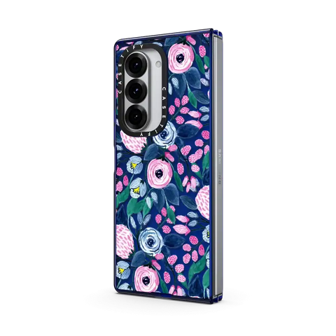 Girly Pink Navy Blue Watercolor Flowers Roses Leaves Pattern