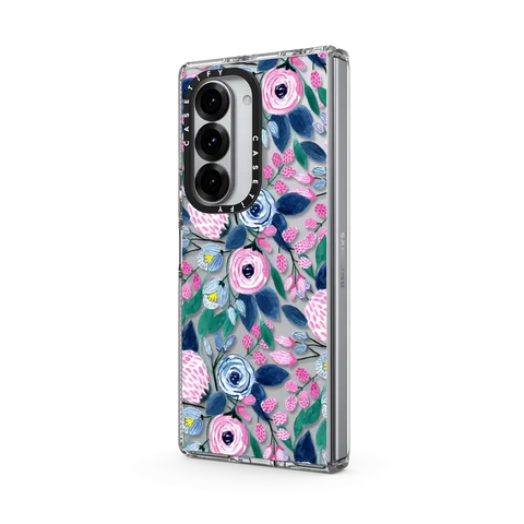 Girly Pink Navy Blue Watercolor Flowers Roses Leaves Pattern