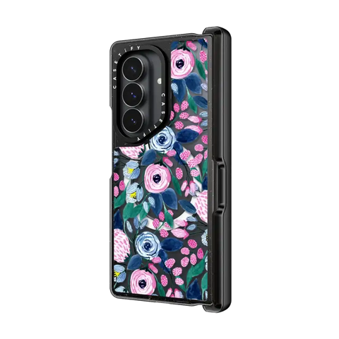Girly Pink Navy Blue Watercolor Flowers Roses Leaves Pattern