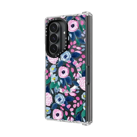Girly Pink Navy Blue Watercolor Flowers Roses Leaves Pattern
