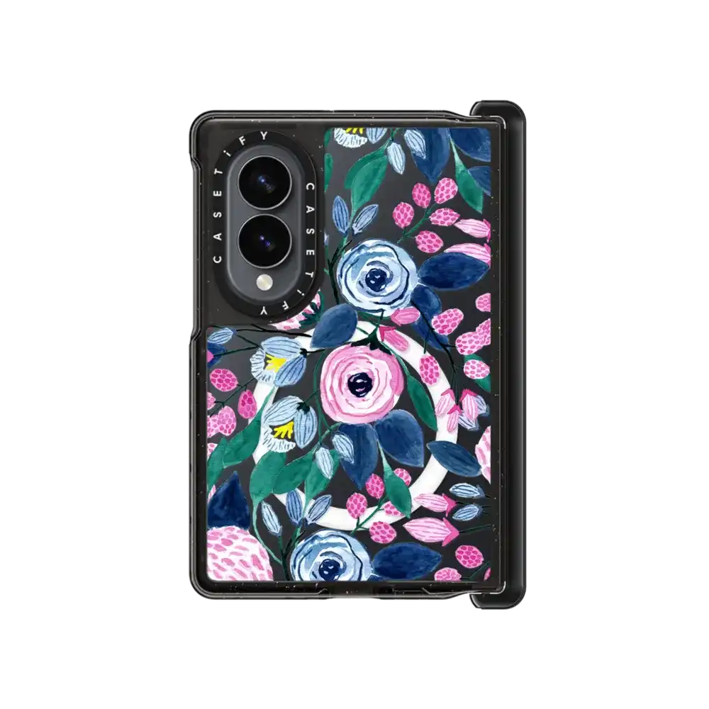 Girly Pink Navy Blue Watercolor Flowers Roses Leaves Pattern