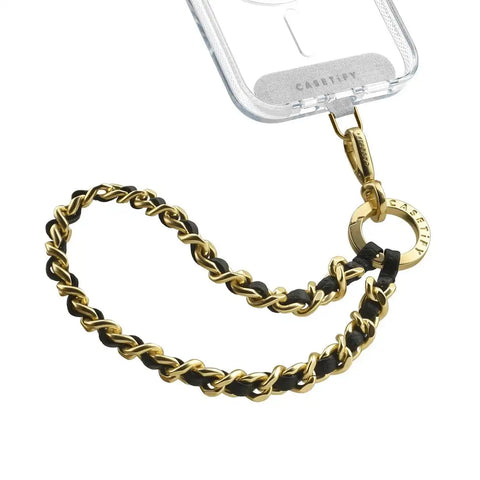 Leather Chain Wrist Strap -  Black in Champagne Gold