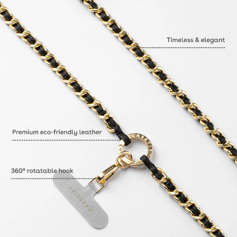Leather Chain Cross-body Strap - Black in Champagne Gold