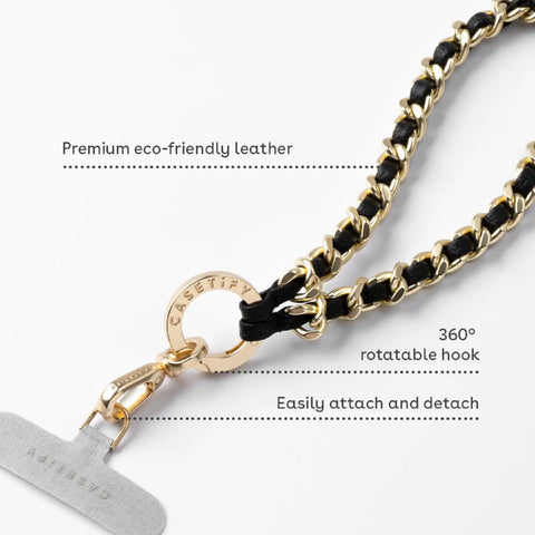 Leather Chain Wrist Strap -  Black in Champagne Gold